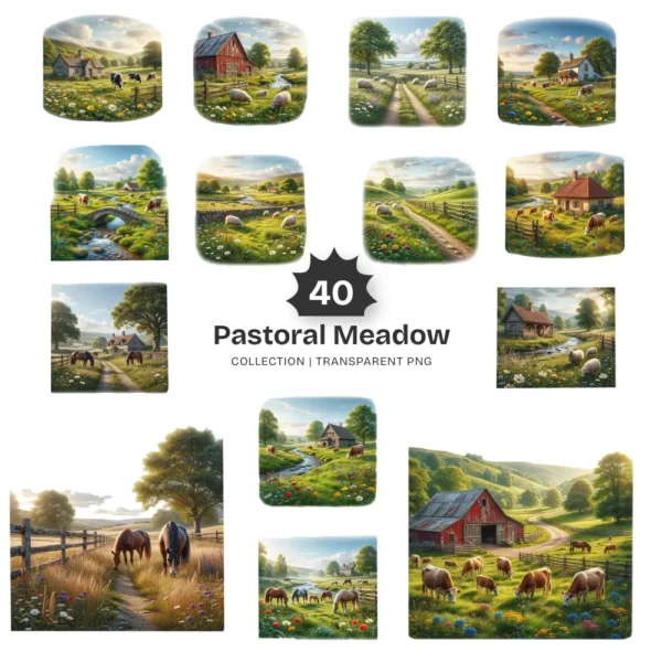Pastoral Meadow Scenes PNG Clipart Collection - 40 PNG, Green Hills Graphics, Nature Beauty Printable, Commercial use, Digital Download