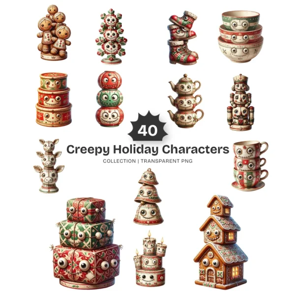Creepy Holiday Characters PNG Clipart Collection - 40 PNG, Santa, Snowmen Graphics, Ornaments Printable, Commercial use, Digital Download