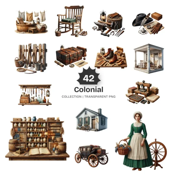 Colonial PNG Clipart Collection - 42 PNG, Historical Graphics, Vintage Tools, Bygone Era Printable, Commercial use, Digital Download