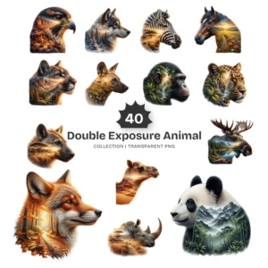 Double Exposure Animal PNG Clipart Collection - 40 PNG, Wildlife Graphics, Forest Mountain Printable, Commercial use, Digital Download