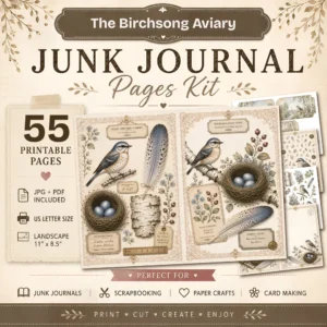 The Birchsong Aviary Junk Journal Pages - Birchsong Woods Ephemera, Woodland Bird, Birch Bark, Nests Blue Eggs Ephemera, Digital Download