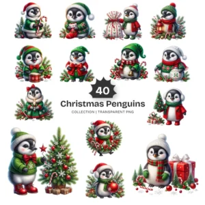 Christmas Penguins PNG Clipart Collection - 40 PNG, Holiday Penguin Graphics, X-mas Printable, Commercial use, Digital Download
