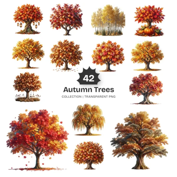 Autumn Trees PNG Clipart Collection - 40 PNG, Fall Foliage Graphics, Autumnal Charm Printable, Commercial use, Digital Download