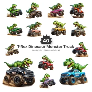 T-Rex Dinosaur Monster Truck PNG Clipart Collection - 40 PNG, Dino Truck Graphics, Boys Birthday Printable, Commercial use, Digital Download