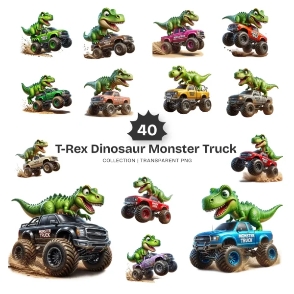T-Rex Dinosaur Monster Truck PNG Clipart Collection - 40 PNG, Dino Truck Graphics, Boys Birthday Printable, Commercial use, Digital Download