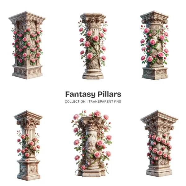 Fantasy Pillars PNG Clipart Collection - 42 PNG, Floral Column Graphics, Pink Roses, Wedding Printables, Commercial use, Digital download