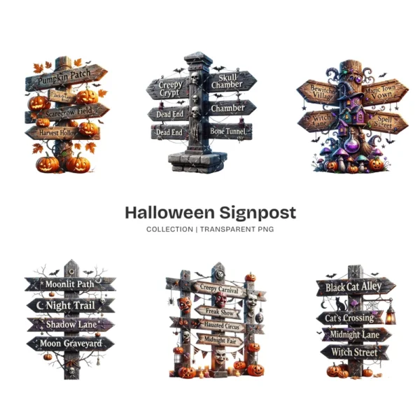 Halloween Signpost PNG Clipart Collection - 41 PNG, Wooden Directional Signs Graphics, Spooky Printables, Commercial use, Digital download