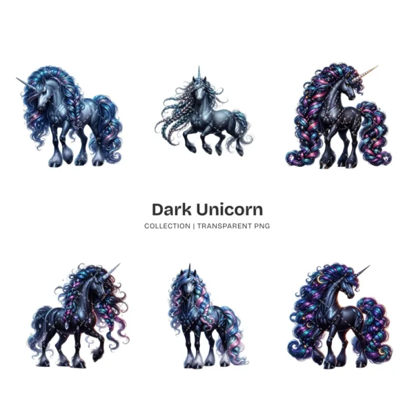Dark Unicorn PNG Clipart Collection - 45 PNG, Mystical Gothic Graphics, Majestic Art, Celestial Printables, Commercial use, Digital download