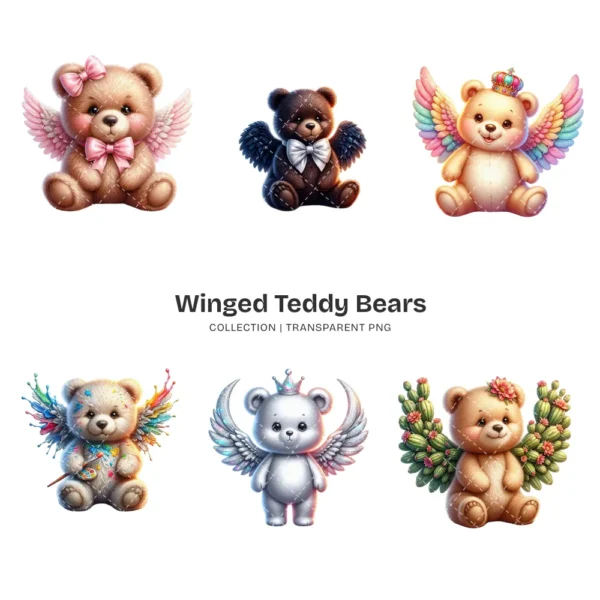 Winged Teddy Bears PNG Clipart Collection - 40 PNG, Whimsical Graphics, Fantasy Bear Printable, Commercial use, Digital download