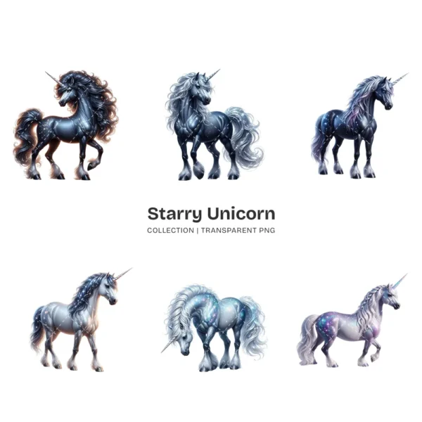 Starry Unicorn PNG Clipart Collection - 40 PNG, Fantasy Creature Graphics, Sparkling Animal Printables, Commercial use, Digital download