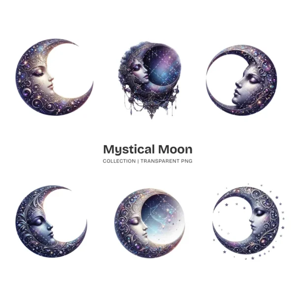 Mystical Moon PNG Clipart Collection - 44 PNG, Celestial Graphics, Fantasy Night Sky, Astrology Printables, Commercial use, Digital download