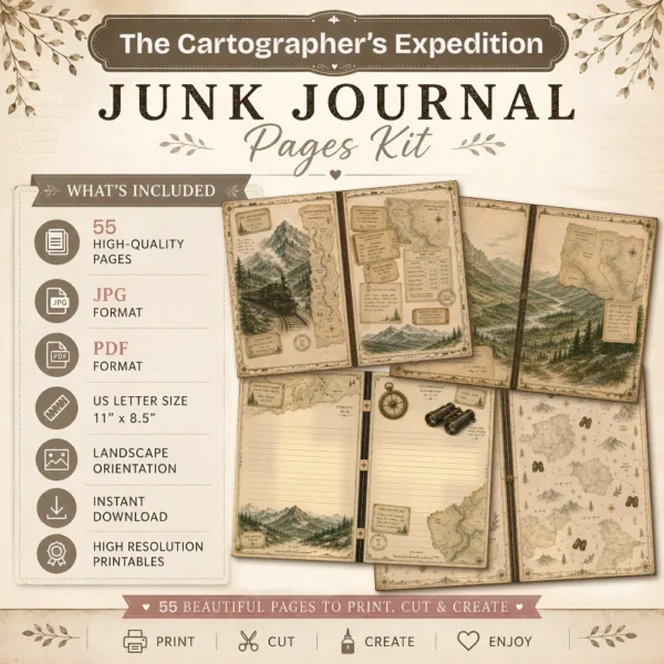 The Cartographers Expedition Junk Journal Pages - The Explorers Field Notes Ephemera, Vintage Adventure Ephemera, Digital Download