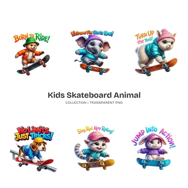Kids Skateboard Animal PNG Clipart Collection - 40 PNG, Extreme Sports Graphics, Retro Printables, Commercial use, Digital download