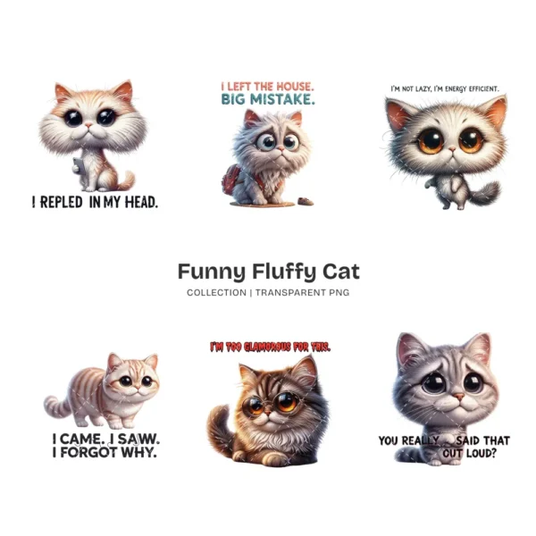 Funny Fluffy Cat PNG Clipart Collection - 44 PNG, Sarcastic Quote Graphics, Cat Moms Printables, Commercial use, Digital download