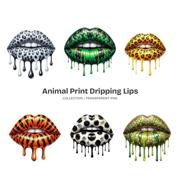 Animal Print Dripping Lips PNG Clipart Collection - 40 PNG, Leopard, Tiger, Cow Graphics, Kiss Printable, Commercial use, Digital Download