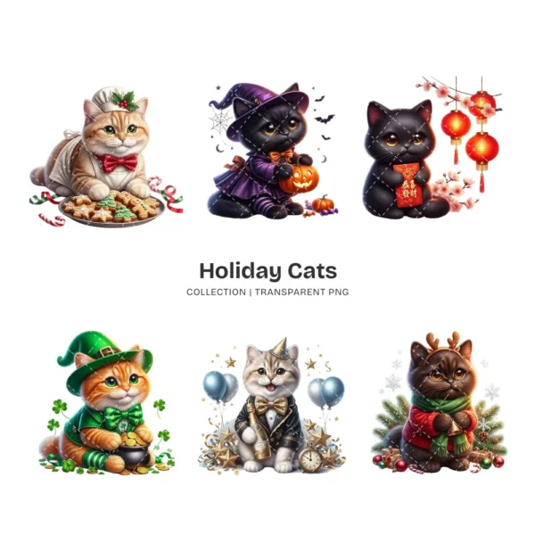 Holiday Cats PNG Clipart Collection - 40 PNG, Festive Animal Graphics, Christmas Printable, Commercial use, Digital Download
