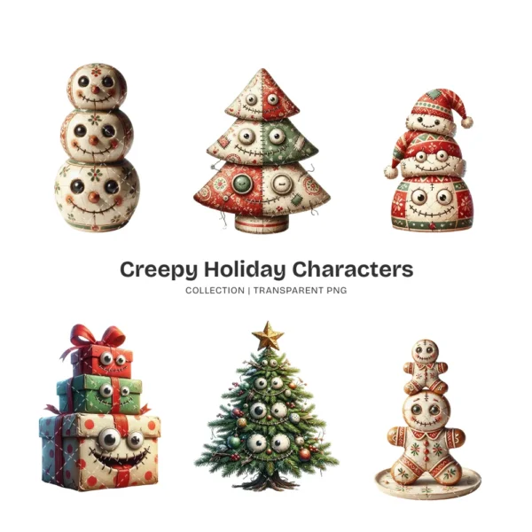Creepy Holiday Characters PNG Clipart Collection - 40 PNG, Santa, Snowmen Graphics, Ornaments Printable, Commercial use, Digital Download