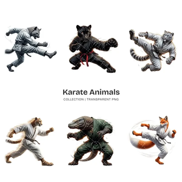 Karate Animals PNG Clipart Collection - 40 PNG, Martial Arts Graphics, Striking Poses Printable, Commercial use, Digital Download