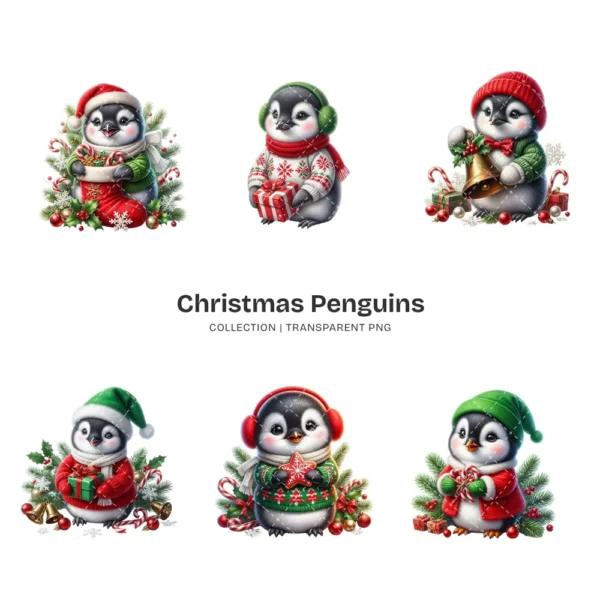 Christmas Penguins PNG Clipart Collection - 40 PNG, Holiday Penguin Graphics, X-mas Printable, Commercial use, Digital Download