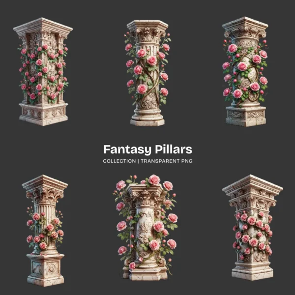 Fantasy Pillars PNG Clipart Collection - 42 PNG, Floral Column Graphics, Pink Roses, Wedding Printables, Commercial use, Digital download