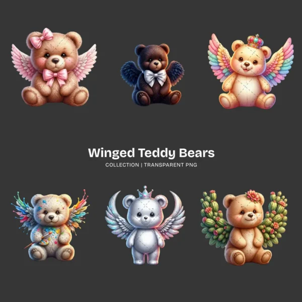 Winged Teddy Bears PNG Clipart Collection - 40 PNG, Whimsical Graphics, Fantasy Bear Printable, Commercial use, Digital download