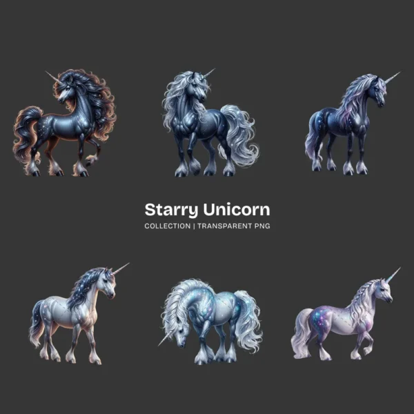 Starry Unicorn PNG Clipart Collection - 40 PNG, Fantasy Creature Graphics, Sparkling Animal Printables, Commercial use, Digital download