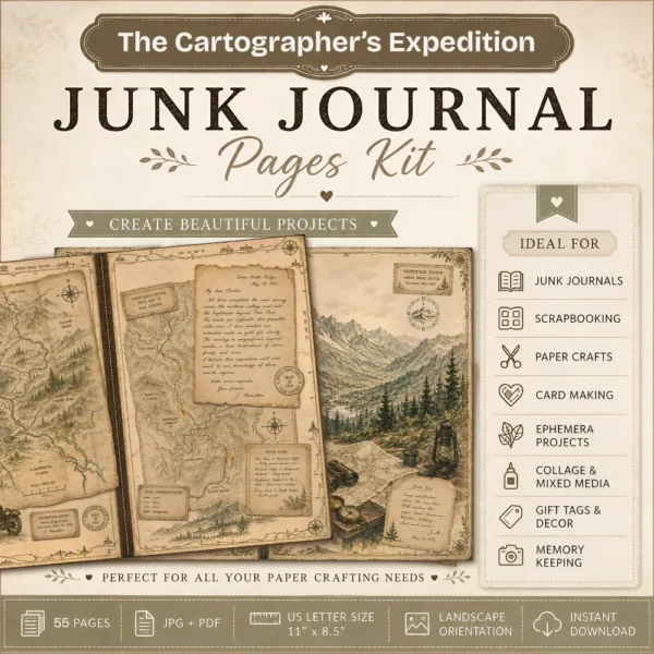 The Cartographers Expedition Junk Journal Pages - The Explorers Field Notes Ephemera, Vintage Adventure Ephemera, Digital Download