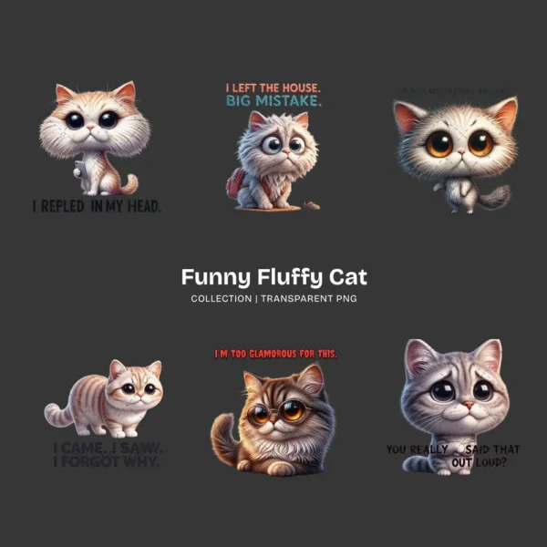 Funny Fluffy Cat PNG Clipart Collection - 44 PNG, Sarcastic Quote Graphics, Cat Moms Printables, Commercial use, Digital download