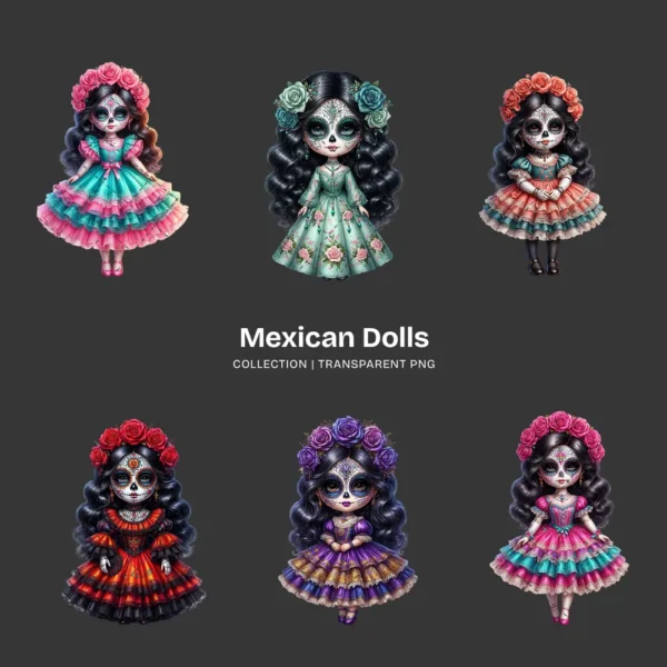 Mexican Dolls La Catrina PNG Clipart Collection - 43 PNG, Sugar Skull Graphics, Día de los Muertos Printable, Commercial use, Digital Download