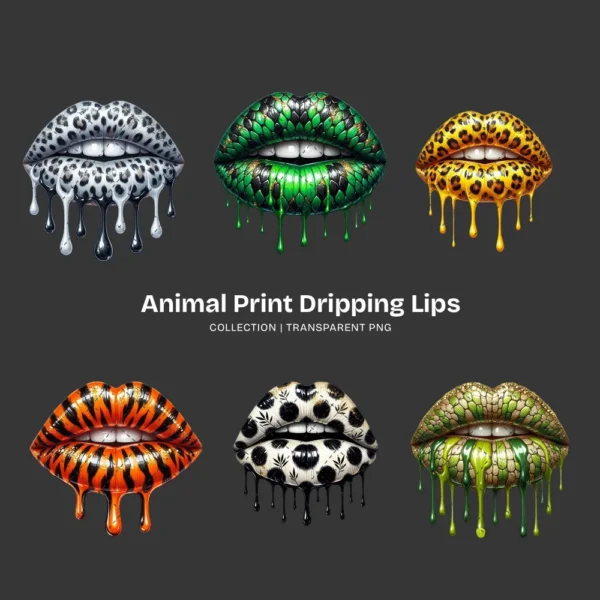 Animal Print Dripping Lips PNG Clipart Collection - 40 PNG, Leopard, Tiger, Cow Graphics, Kiss Printable, Commercial use, Digital Download