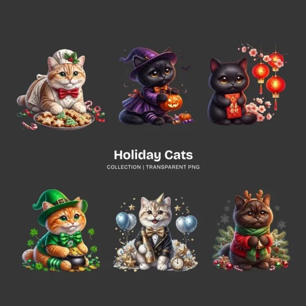 Holiday Cats PNG Clipart Collection - 40 PNG, Festive Animal Graphics, Christmas Printable, Commercial use, Digital Download