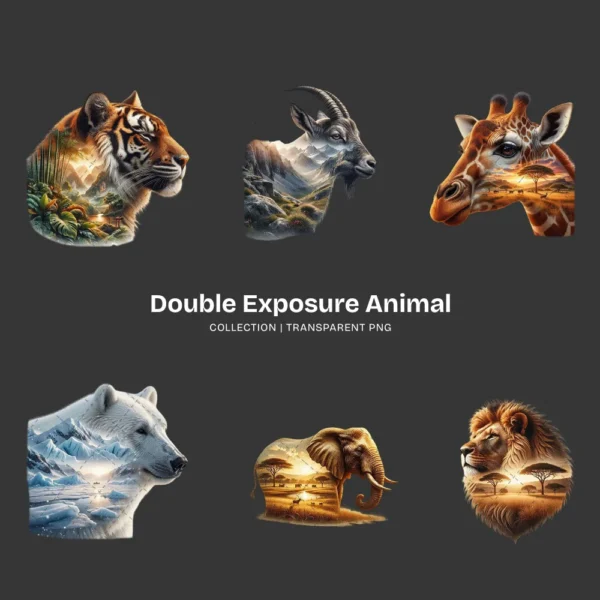 Double Exposure Animal PNG Clipart Collection - 40 PNG, Wildlife Graphics, Forest Mountain Printable, Commercial use, Digital Download