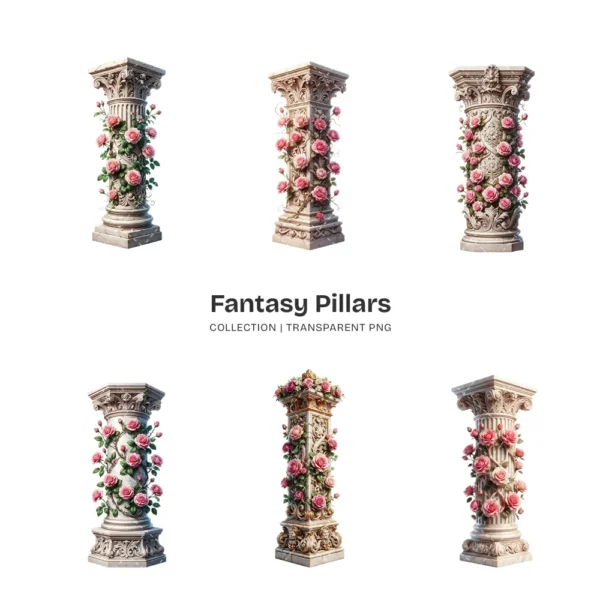 Fantasy Pillars PNG Clipart Collection - 42 PNG, Floral Column Graphics, Pink Roses, Wedding Printables, Commercial use, Digital download