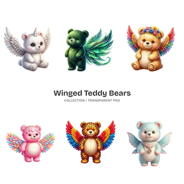 Winged Teddy Bears PNG Clipart Collection - 40 PNG, Whimsical Graphics, Fantasy Bear Printable, Commercial use, Digital download