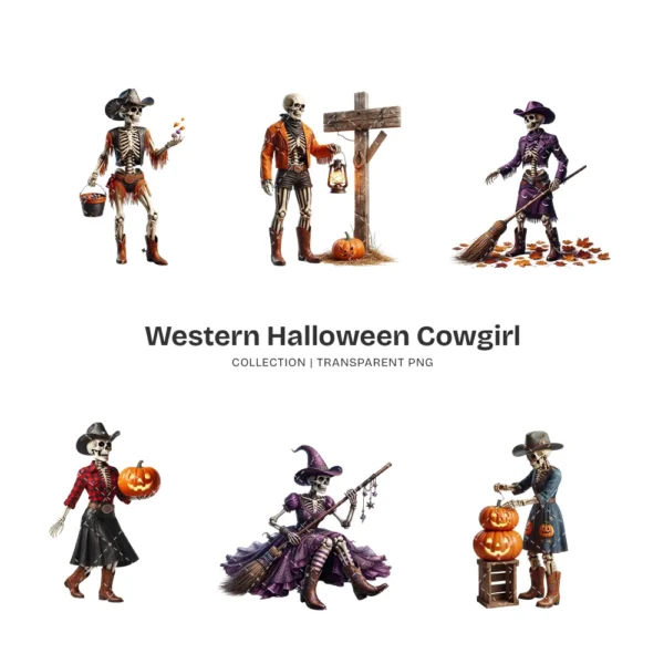 Western Halloween Cowgirl Skeleton PNG Clipart Collection - 40 PNG, Gothic Graphics, Pumpkins Printable, Commercial use, Digital download