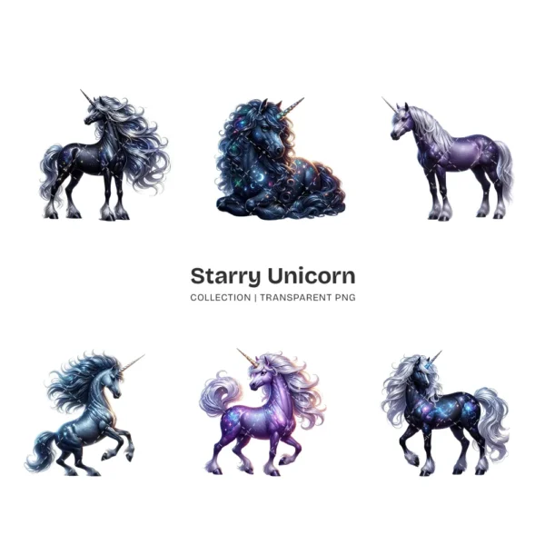Starry Unicorn PNG Clipart Collection - 40 PNG, Fantasy Creature Graphics, Sparkling Animal Printables, Commercial use, Digital download