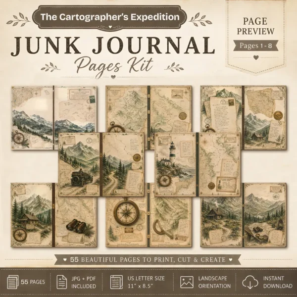 The Cartographers Expedition Junk Journal Pages - The Explorers Field Notes Ephemera, Vintage Adventure Ephemera, Digital Download