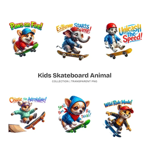 Kids Skateboard Animal PNG Clipart Collection - 40 PNG, Extreme Sports Graphics, Retro Printables, Commercial use, Digital download