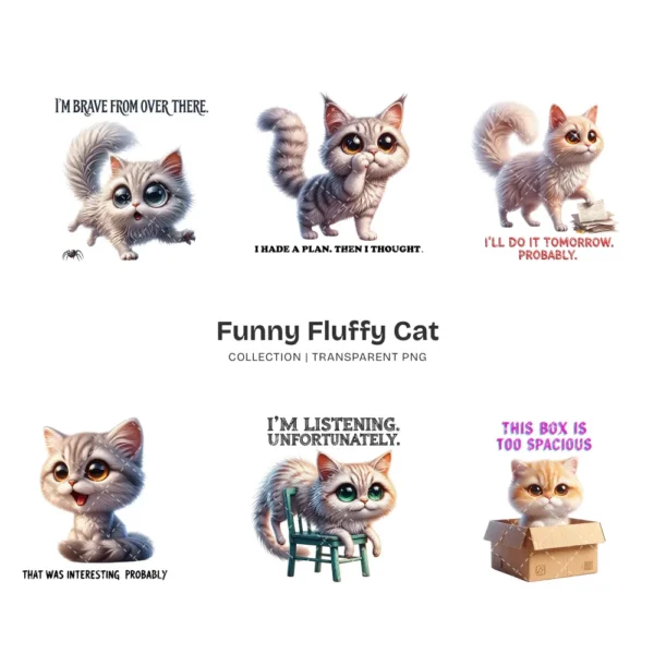 Funny Fluffy Cat PNG Clipart Collection - 44 PNG, Sarcastic Quote Graphics, Cat Moms Printables, Commercial use, Digital download