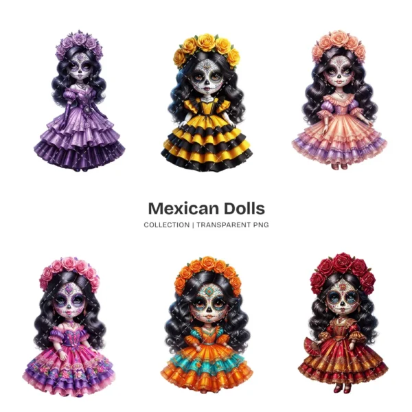 Mexican Dolls La Catrina PNG Clipart Collection - 43 PNG, Sugar Skull Graphics, Día de los Muertos Printable, Commercial use, Digital Download