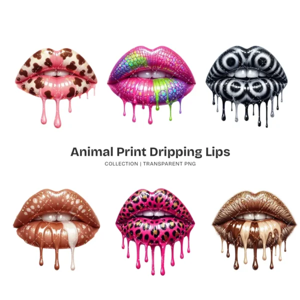 Animal Print Dripping Lips PNG Clipart Collection - 40 PNG, Leopard, Tiger, Cow Graphics, Kiss Printable, Commercial use, Digital Download