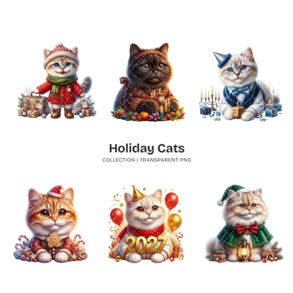 Holiday Cats PNG Clipart Collection - 40 PNG, Festive Animal Graphics, Christmas Printable, Commercial use, Digital Download
