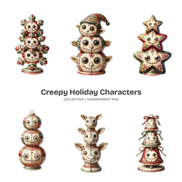 Creepy Holiday Characters PNG Clipart Collection - 40 PNG, Santa, Snowmen Graphics, Ornaments Printable, Commercial use, Digital Download