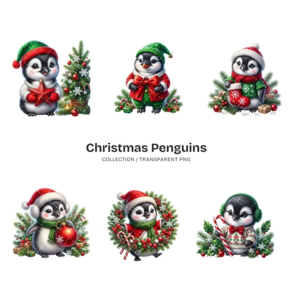 Christmas Penguins PNG Clipart Collection - 40 PNG, Holiday Penguin Graphics, X-mas Printable, Commercial use, Digital Download