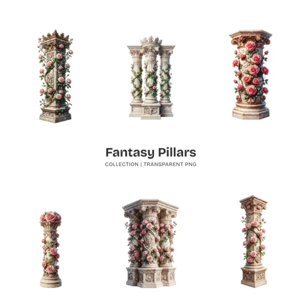 Fantasy Pillars PNG Clipart Collection - 42 PNG, Floral Column Graphics, Pink Roses, Wedding Printables, Commercial use, Digital download