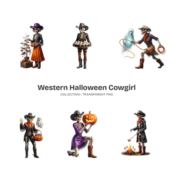 Western Halloween Cowgirl Skeleton PNG Clipart Collection - 40 PNG, Gothic Graphics, Pumpkins Printable, Commercial use, Digital download