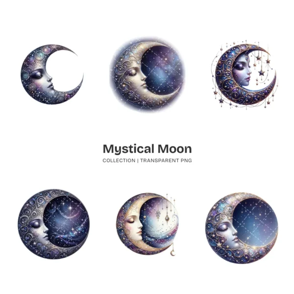 Mystical Moon PNG Clipart Collection - 44 PNG, Celestial Graphics, Fantasy Night Sky, Astrology Printables, Commercial use, Digital download