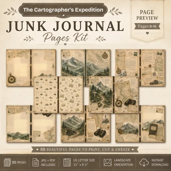The Cartographers Expedition Junk Journal Pages - The Explorers Field Notes Ephemera, Vintage Adventure Ephemera, Digital Download
