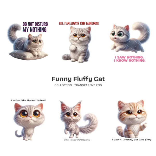 Funny Fluffy Cat PNG Clipart Collection - 44 PNG, Sarcastic Quote Graphics, Cat Moms Printables, Commercial use, Digital download