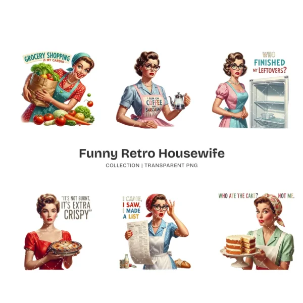 Funny Retro Housewife PNG Clipart Collection - 42 PNG, Sarcastic Quotes Graphics, Sassy Mom Printable, Commercial use, Digital download